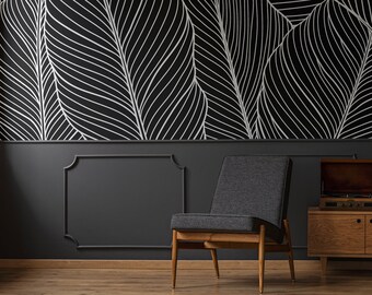 Papel pintado con diseño lineal de hojas tropicales oscuras, mural botánico abstracto para pared • Materiales autoadhesivos o de vinilo sin adhesivo •