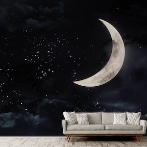 Wallpaper with a crescent moon on dark night old sky | Self adhesive | Peel & Stick | Repositionable removable wallpaper