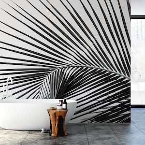 Black and white palm leaf wallpaper | Self adhesive | Peel & Stick | Repositionable removable wallpaper