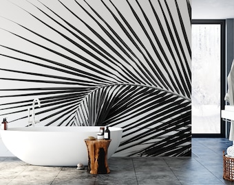 Black and white palm leaf wallpaper | Self adhesive | Peel & Stick | Repositionable removable wallpaper