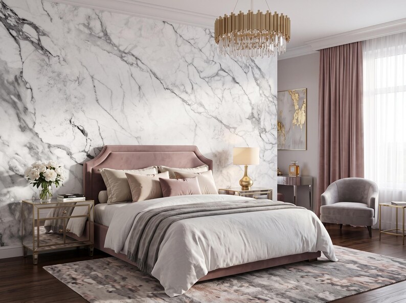 Papel pintado de mármol blanco, mural de pared de piedra natural, decoración del hogar, autoadhesivo o papel vinílico tradicional. imagen 2