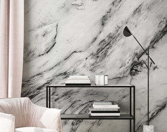 Natural black and white marble stone wallpaper | Self adhesive | Peel & Stick | Repositionable removable wallpaper