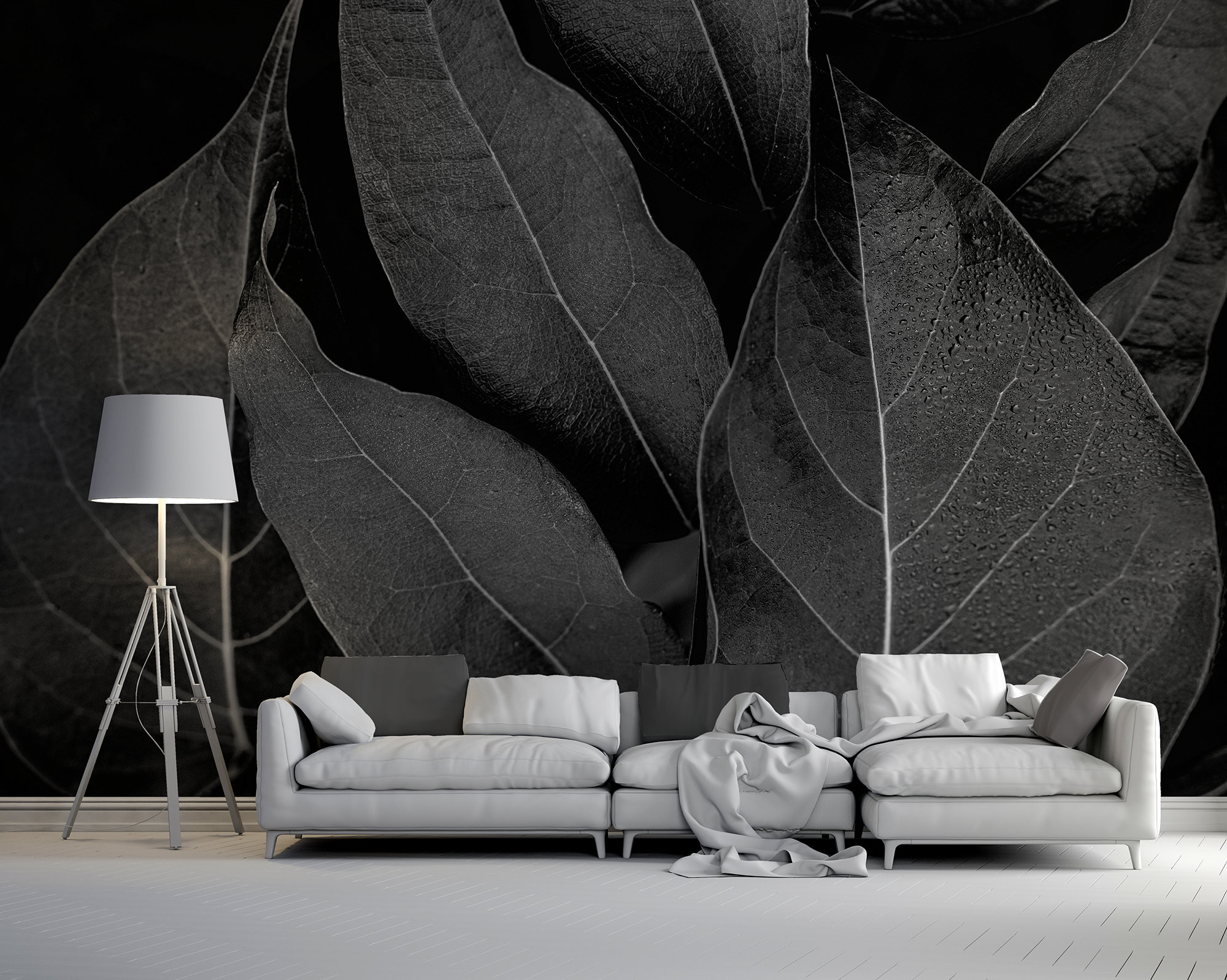 Black and white wet leaves photo wallpaper | Self adhesive | Peel & Stick | Repositionable removable wallpaper