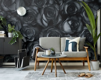 Black roses photo wallpaper with delicate blue tones | Self adhesive | Peel and Stick | Repositionable removable wallpaper