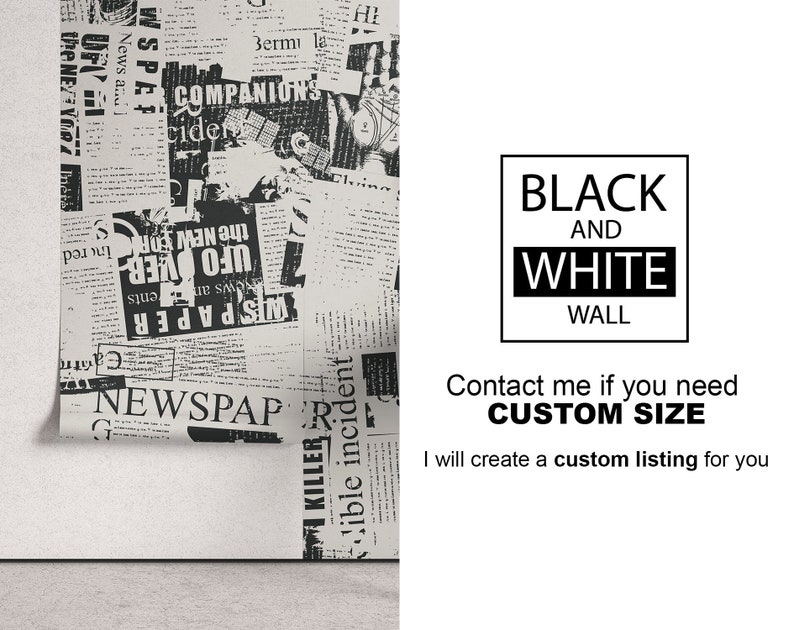 May include: Black and white newspaper print wallpaper. The wallpaper features a repeating pattern of newspaper headlines and text. The text is in a variety of fonts and sizes. The wallpaper is ideal for adding a modern and edgy touch to any room.
