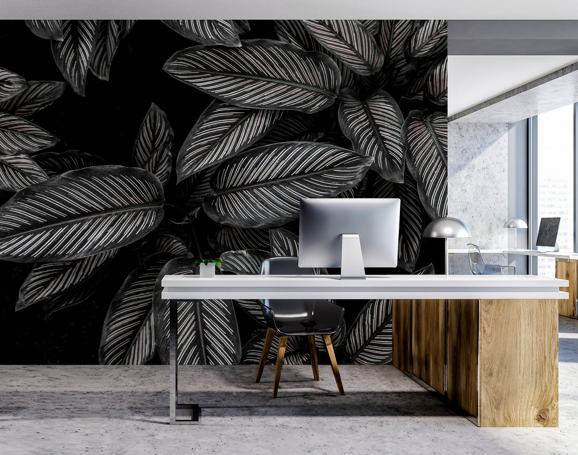 Black Wallpaper With Black and White Big Leaves | Self Adhesive | Peel ...
