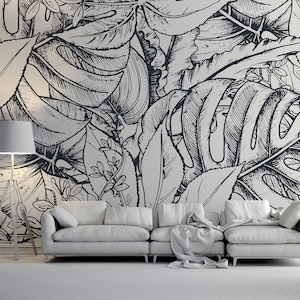 Black and white ink art tropical leaves wallpaper | Self adhesive | Peel & Stick | Repositionable removable wallpaper