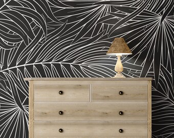Dark Palm Leaves Wall Mural, Line Art Tropical Leaves Wallpaper • Peel and Stick *self adhesive* or Non-Pasted Vinyl Materials •