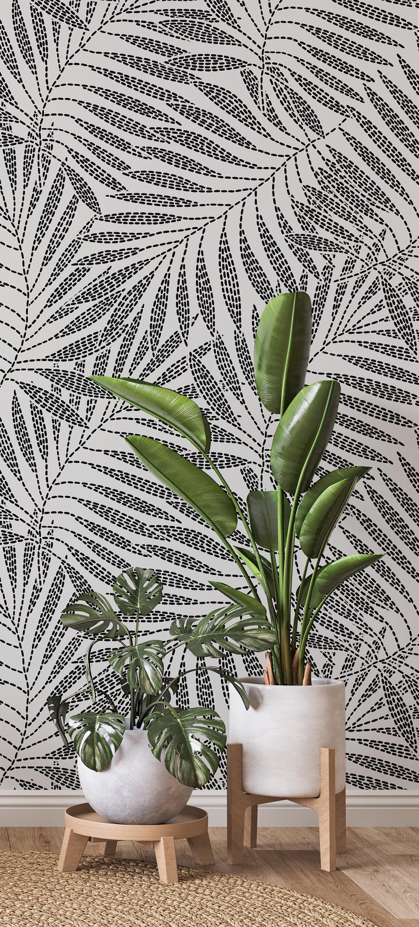 Dotted Leaves Wallpaper, Black and White Botanical Wall Mural • Peel ...