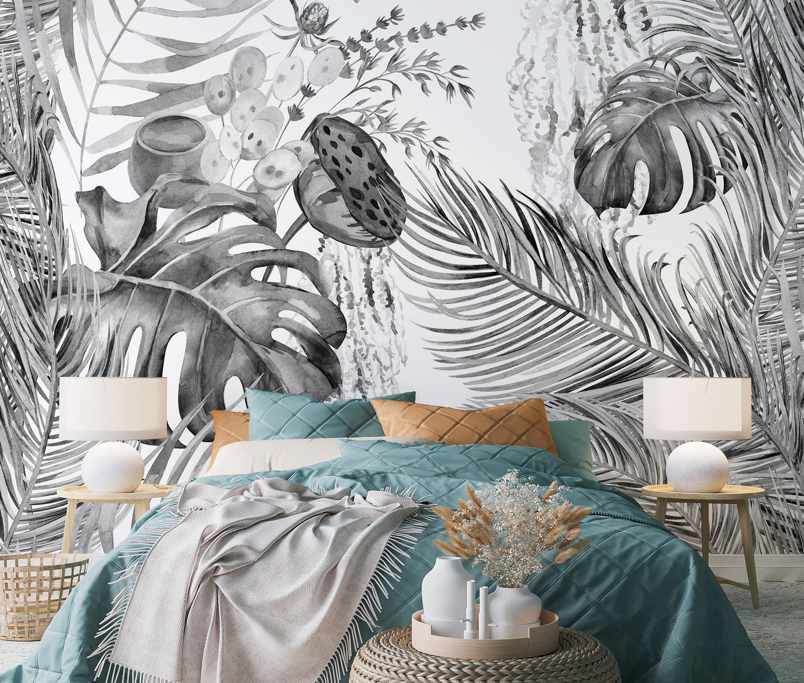 Monstera & Palm Leaf Black and White Wall Mural, Tropical Leaves ...