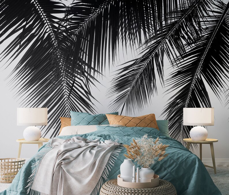 Dark Hanging Palm Leaves Wallpaper With a White Background • Peel and ...