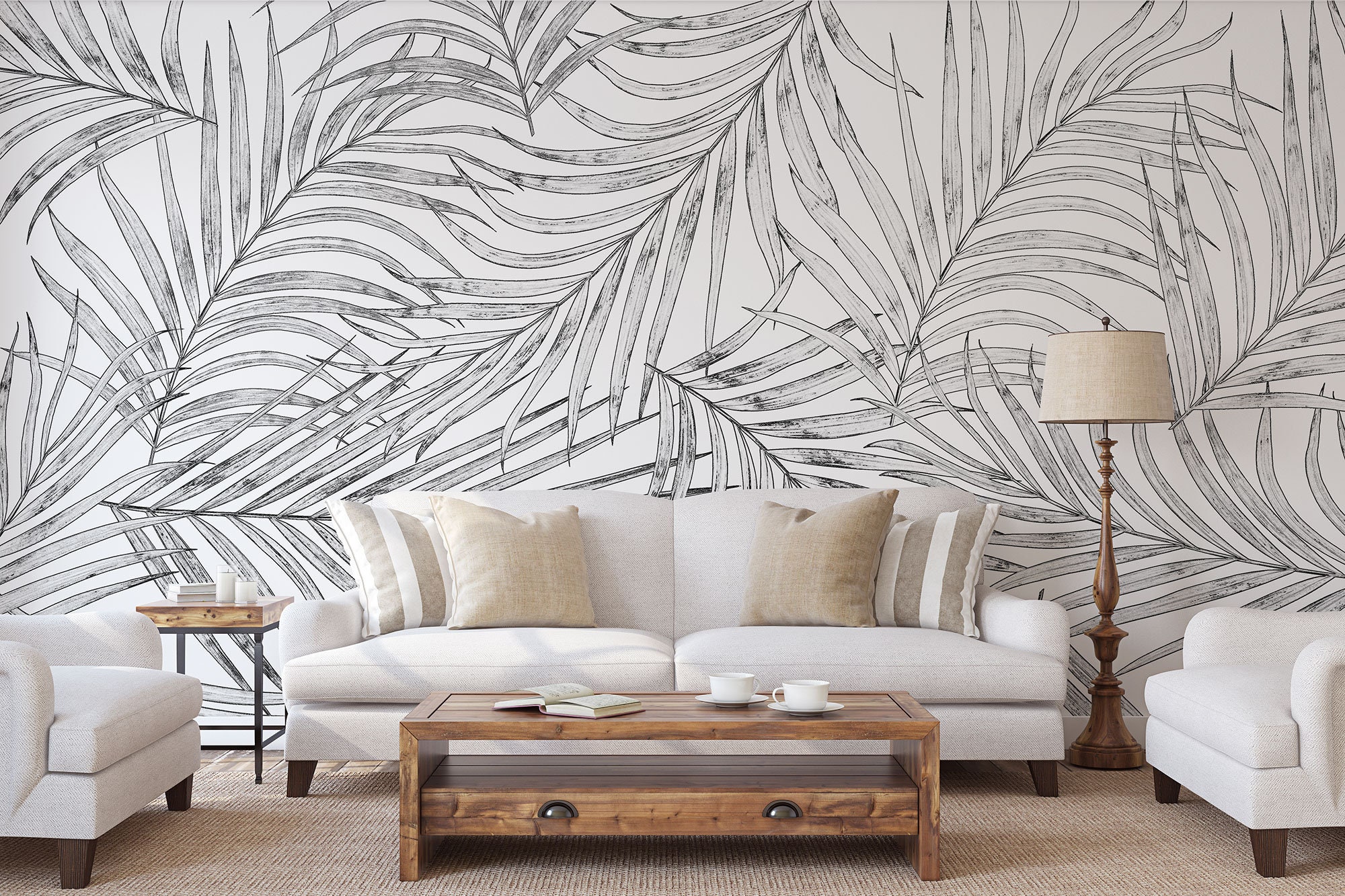 Light Palm Leaf Wall Mural, White Tropical Leaves Wallpaper • Peel and ...