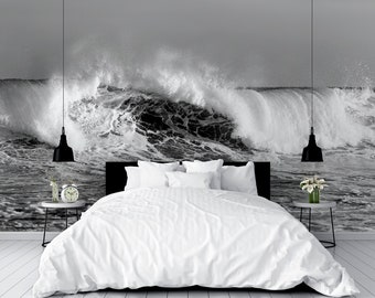 Black and white sea wave photo wallpaper | Self adhesive | Peel & Stick | Repositionable removable wallpaper