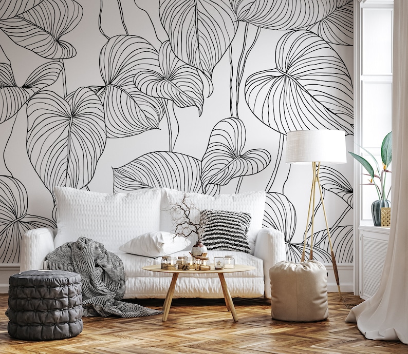 White Wallpaper With Black Vector Tropical Leaf Line Art Etsy