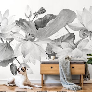 Black and white watercolor lotus wallpaper | Self adhesive | Peel & Stick | Repositionable removable wallpaper