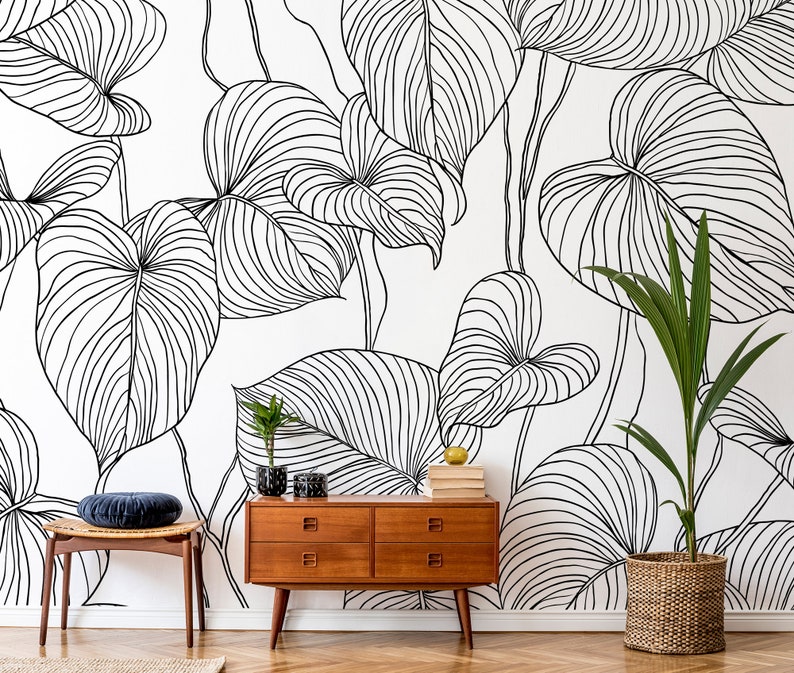 White Wallpaper With Black Vector Tropical Leaf Line Art Etsy