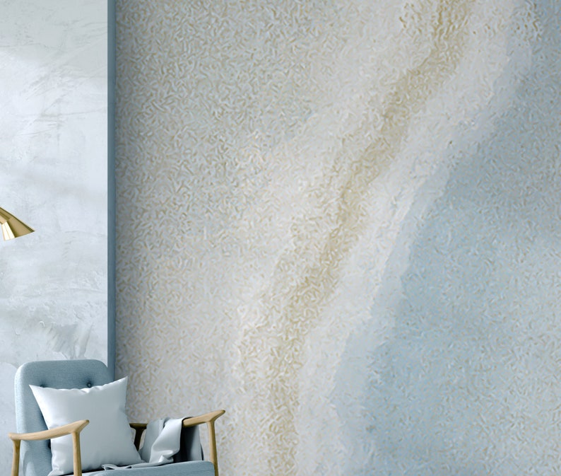 May include: A light blue and beige abstract wall mural with a textured, marbled effect. The mural features a light blue and beige color scheme with a subtle, swirling pattern.