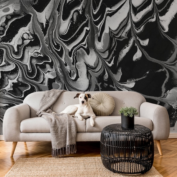 Zwart-witte acrylverf wervelt behang Zelfklevende Peel and Stick  Herpositioneerbaar verwijderbaar behang - Etsy Nederland