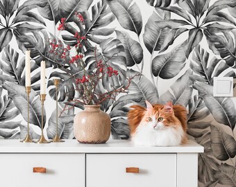 Tropical Leaves Wallpaper, Monstera and Palm Leaves Mural• Peel and Stick *self adhesive* or Non-Pasted Vinyl Materials •