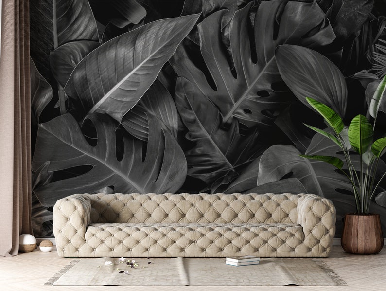 Black and white tropical leaves photo wallpaper Self adhesive Peel & Stick Repositionable removable wallpaper image 4