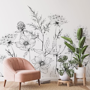 Carta da parati monocromatica con fiori di campo, murale bianco con fiori di campo • Materiali vinilici staccabili e attaccabili *autoadesivi* o non incollati •