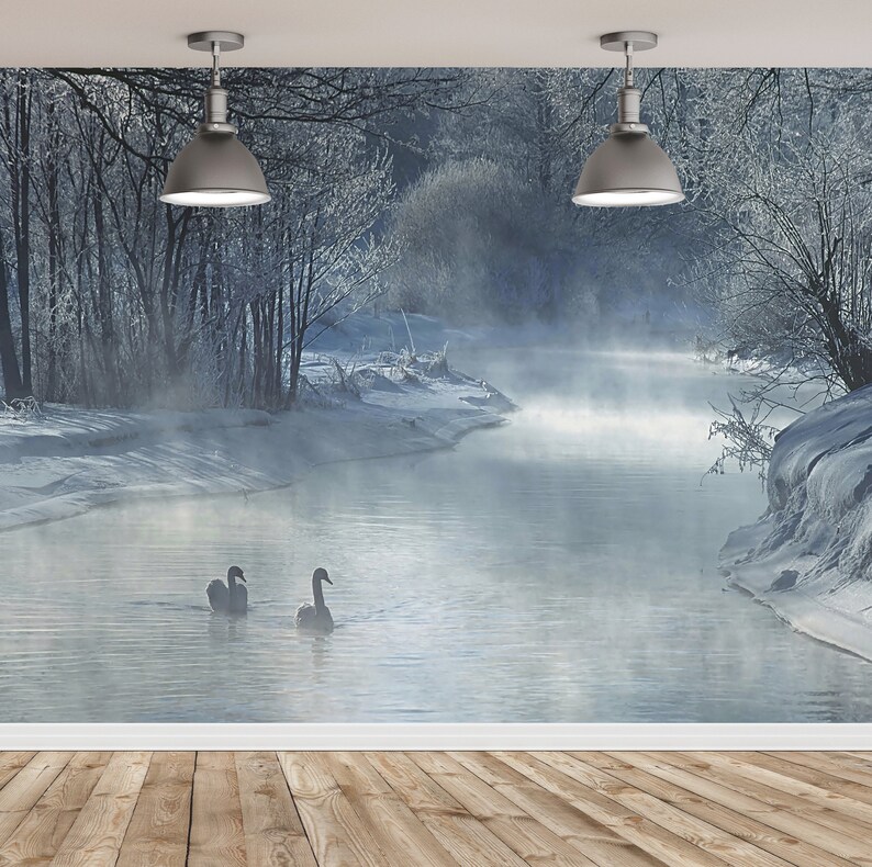 Winter snowy forest and river photo wallpaper Self adhesive Etsy