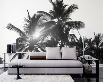 Black and white sunny tropical palm trees wallpaper | Self adhesive | Peel & Stick | Repositionable removable wallpaper