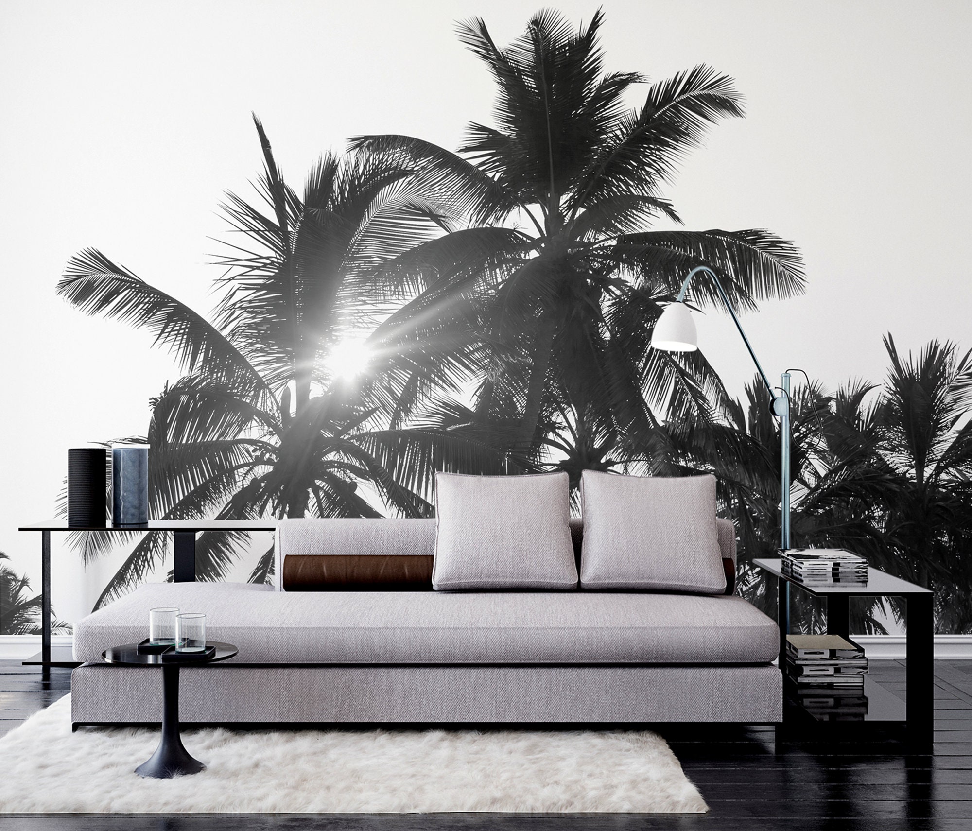 Black and White Sunny Tropical Palm Trees Wallpaper | Self Adhesive ...