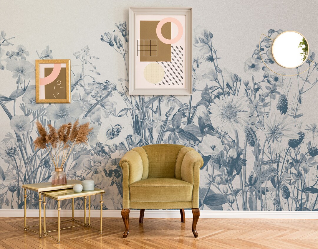 Vintage Meadow Floral Wallpaper With Color Accent, Floral Field Wall ...
