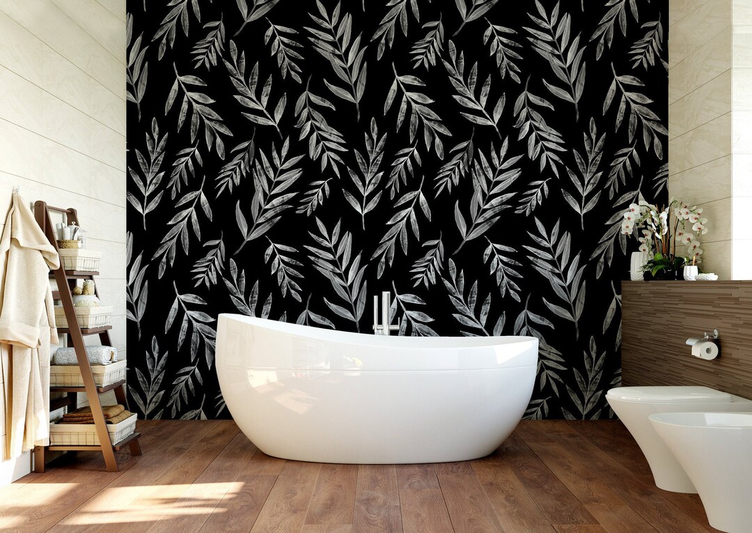 Black Wallpaper With White Leaves Pattern | Self Adhesive | Peel ...