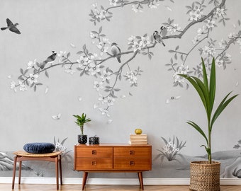 Black and white chinoiserie style wallpaper with trees and birds | Self adhesive | Peel and Stick | Repositionable removable wallpaper
