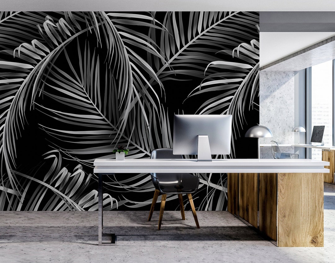Black Wallpaper With White Palm Leaves | Self Adhesive | Peel & Stick ...
