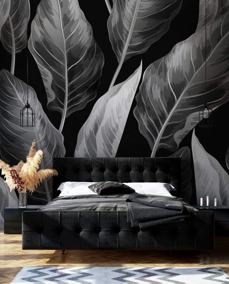 Vector Black and White Tropical Leaves Wallpaper Self Etsy