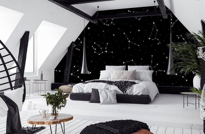 Dark space wallpaper with white constellations Self adhesive Peel & Stick Repositionable removable wallpaper image 1