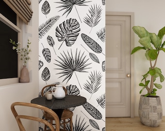Papel pintado con hojas tropicales variadas, mural de pared con estampado de hojas • Materiales autoadhesivos o de vinilo sin adhesivo •