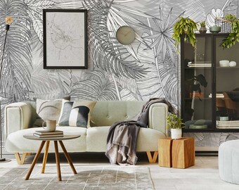 Papel pintado gris estilo bohemio con hojas tropicales, mural de pared tropical • Materiales autoadhesivos o de vinilo sin adhesivo •