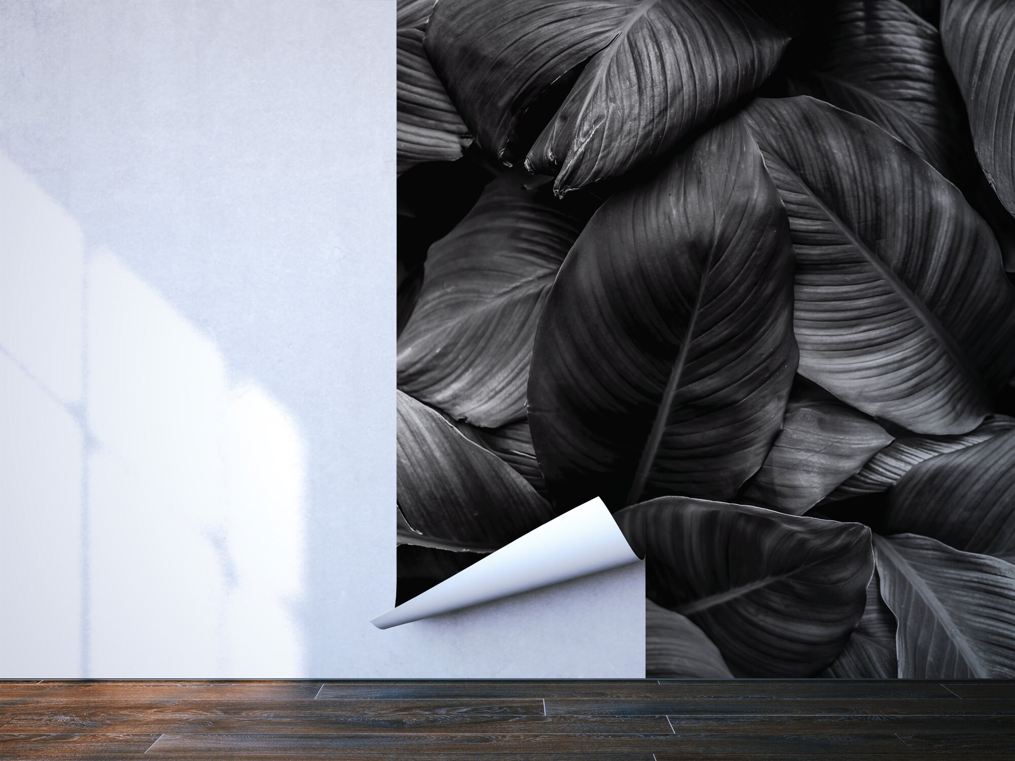 Black Photo Wallpaper With Tropical Leaves Self Adhesive | Etsy