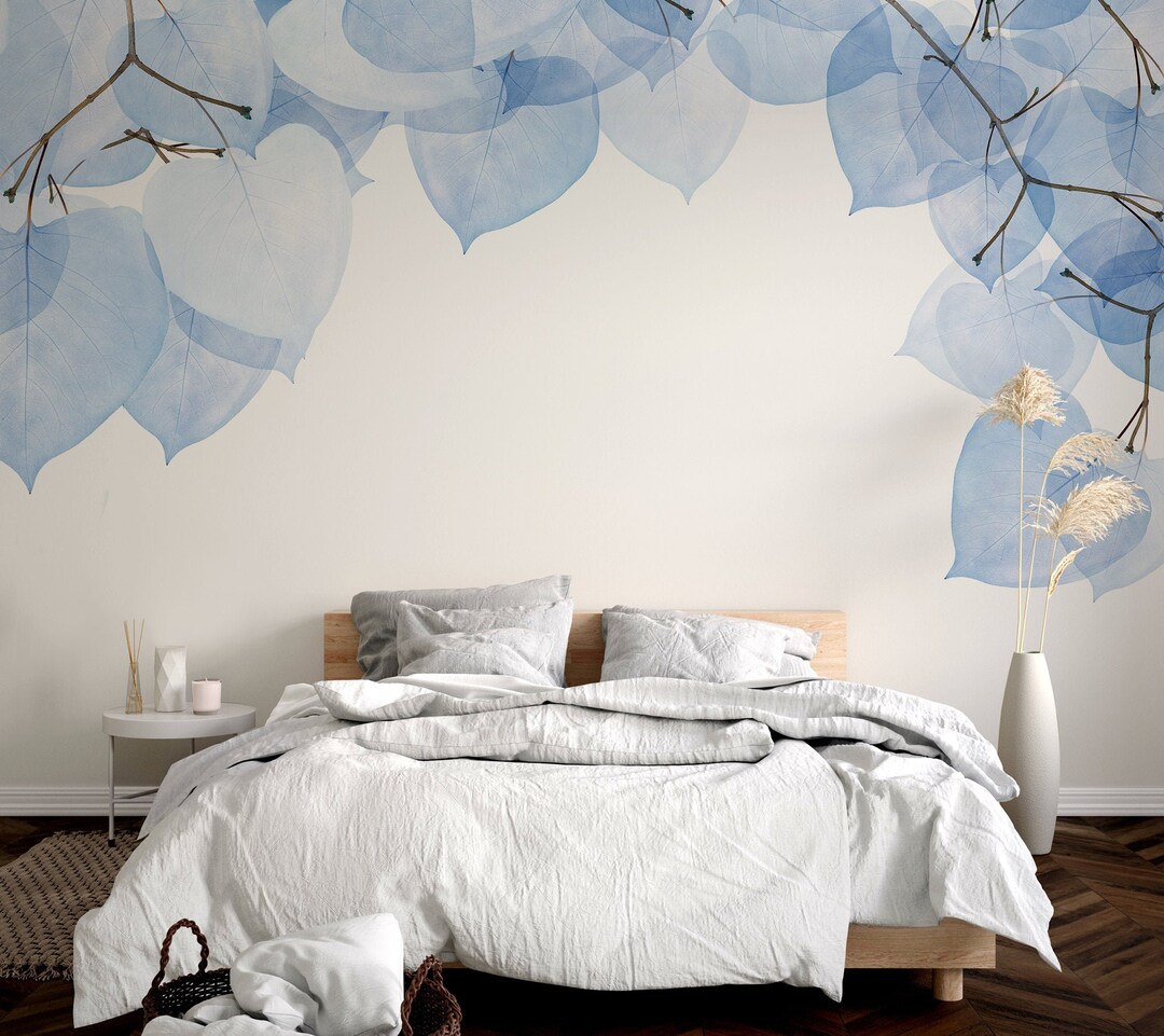 White Wallpaper With Light Blue Hanging Leaves Self Adhesive Etsy