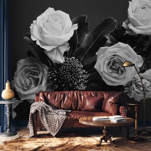Rose bouquet black and white photo wallpaper, floral wall mural | Self adhesive | Peel & Stick | Repositionable removable wallpaper