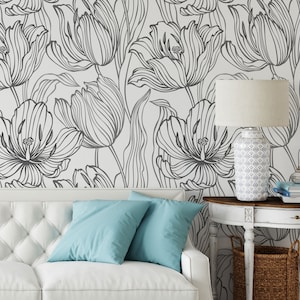 Tulpen-Line-Art-Tapete, Art-Deco-Blumenwandbild, Tulpendruck • Abziehen und Aufkleben *selbstklebend* oder nicht geklebte Vinylmaterialien •