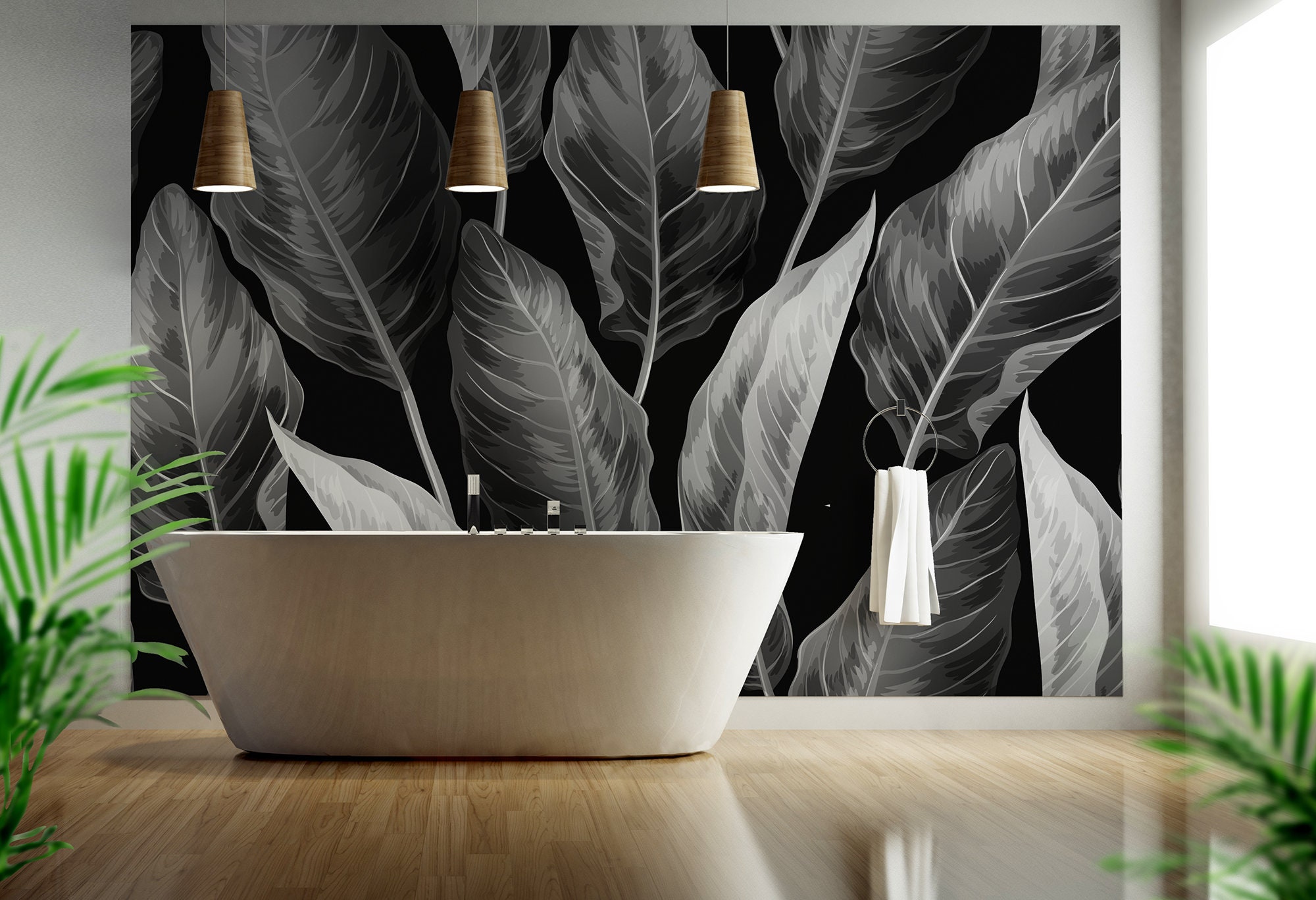 Vector Black and White Tropical Leaves Wallpaper | Self Adhesive | Peel ...