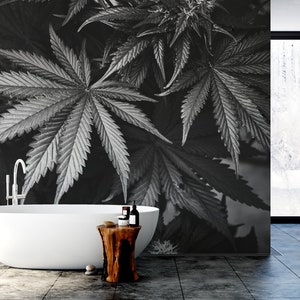 Black and white marijuana leaves photo wallpaper | Self adhesive | Peel & Stick | Repositionable removable wallpaper