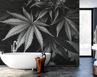 Black and white marijuana leaves photo wallpaper | Self adhesive | Peel & Stick | Repositionable removable wallpaper
