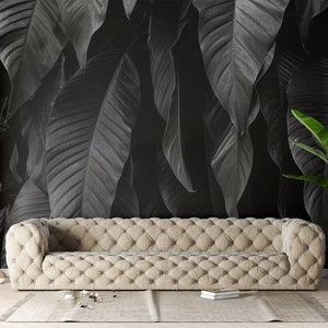 Black and white hanging leaves mural, big tropical leaf photo wallpaper | Self adhesive | Peel & Stick | Repositionable removable wallpaper