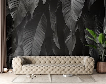 Black and white hanging leaves mural, big tropical leaf photo wallpaper | Self adhesive | Peel & Stick | Repositionable removable wallpaper