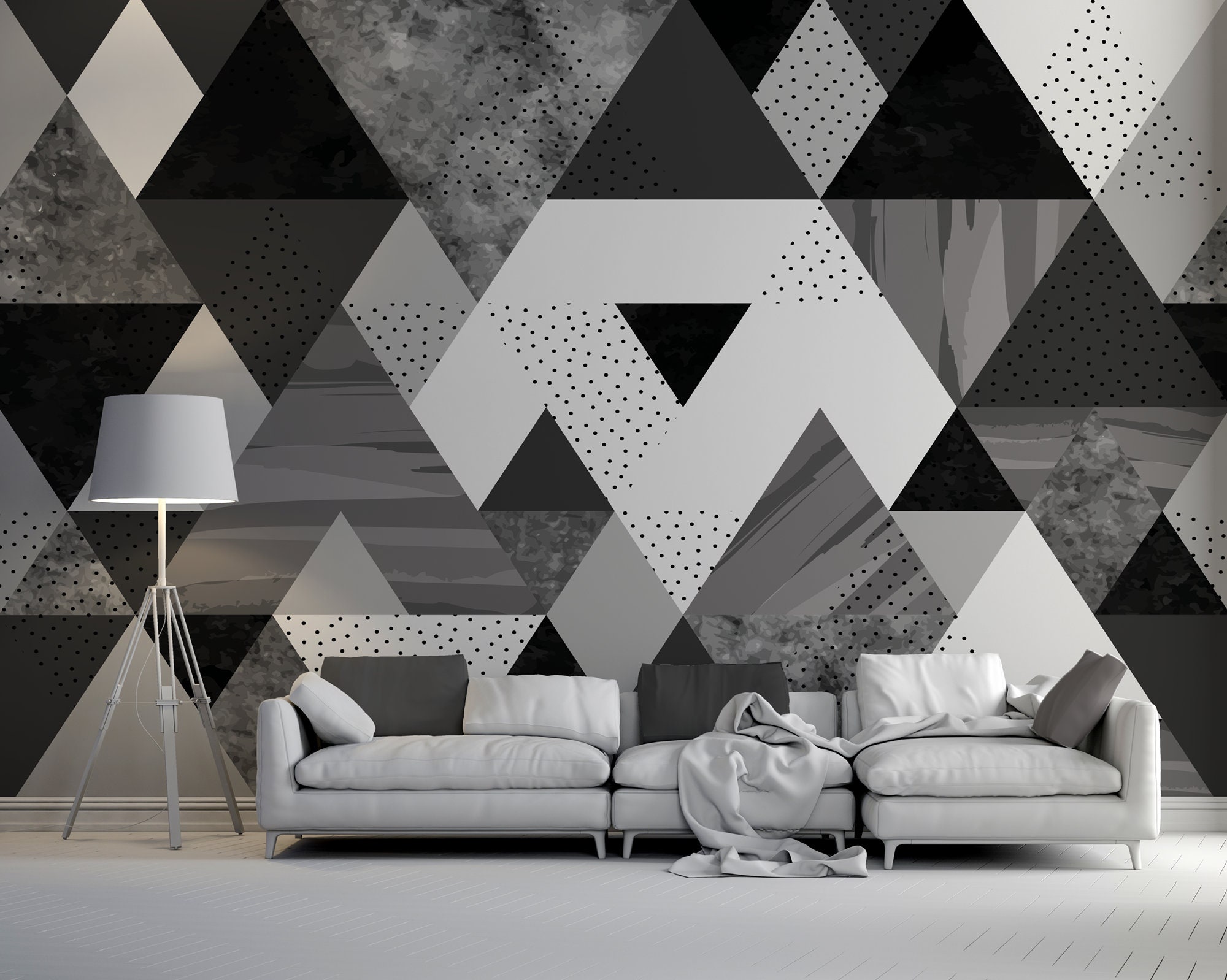 Decoración Pared Papel Pintado Triangular Blanco/Negro - 17.7x108.8 Pies -  PVC Despegar Y Pegar Papel Pintado Geometrico, image size:2000x1598
