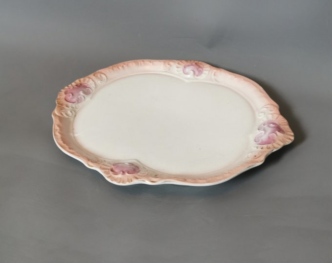 Antique French ceramic platter, French Rococo pink and white serving platter