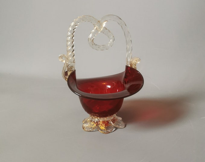 Victorian cranberry glass basket, small decorative glass