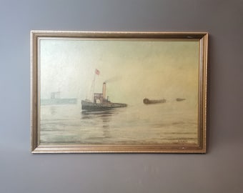 Vintage oil painting, marine, boats, T A Neal, signed 70's wall art