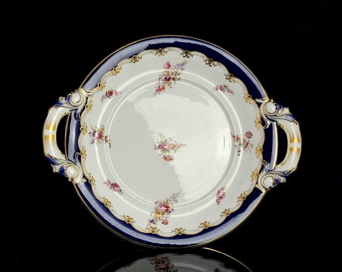 Grand Victorian Cake Plate Or Bread Plate, Large Two Handled Serving Plate, Ground Gilt, Cobalt Blue And Floral